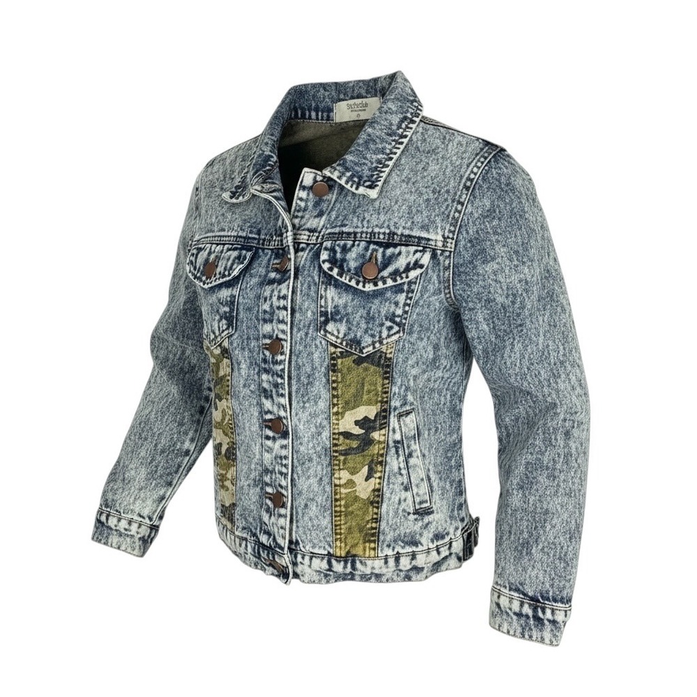 Ya Ya Club Acid Wash Denim Camo Contrast Trucker Jacket Womens Small